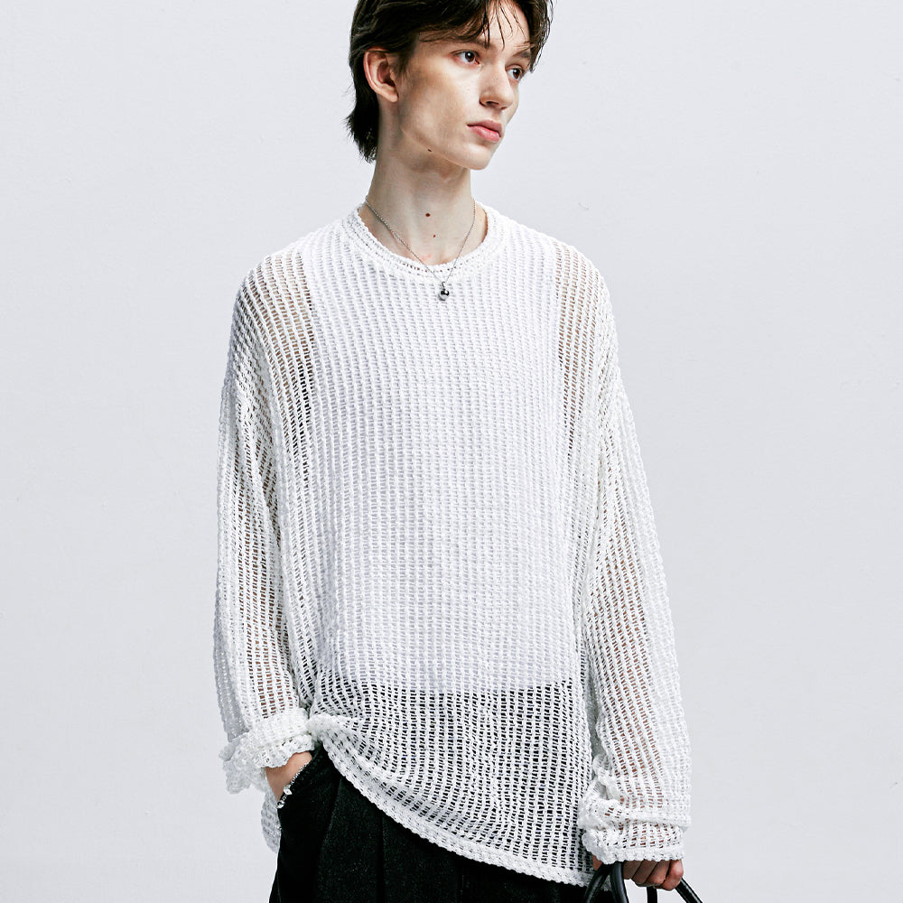 [SET] fishnet long sleeve knit & standard fit sleeveless white