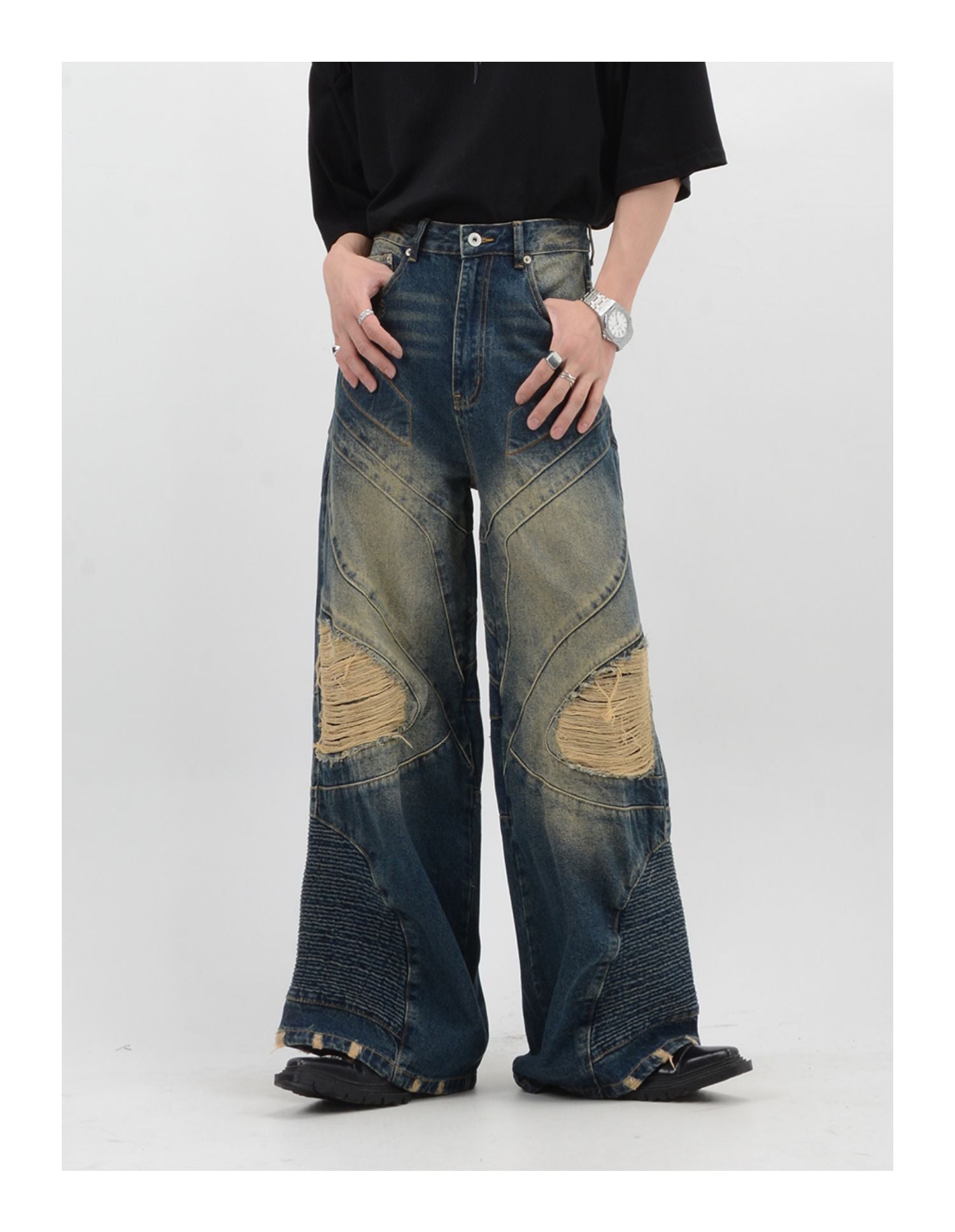 heavyweight destroy segmented washed jeans