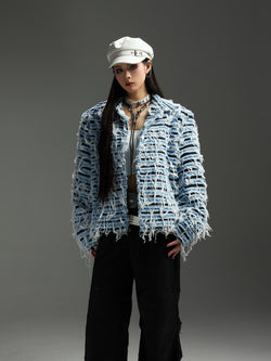 stitching remodeled lapel tassel denim jacket