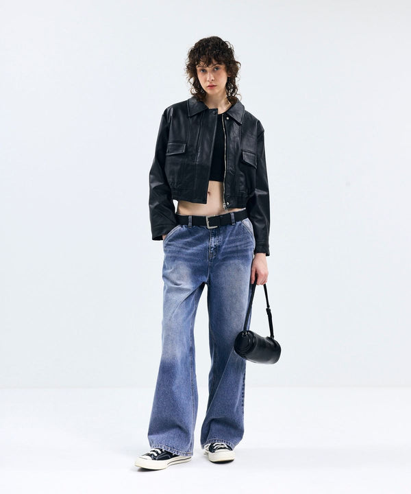 85-VIVAJ007 [Vegan Leather] Crop Cover Blouson Leather Jacket