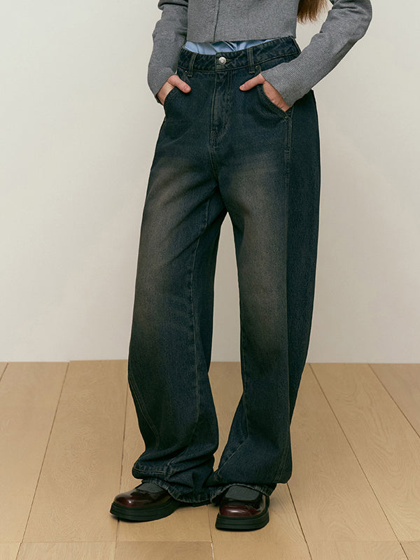 CURVE LINE WIDE-FIT DENIM PANTS [DARK NAVY]