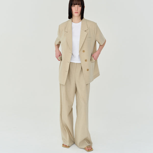 THREE PINTUCK SUMMER WOOL PANTS (BEIGE)