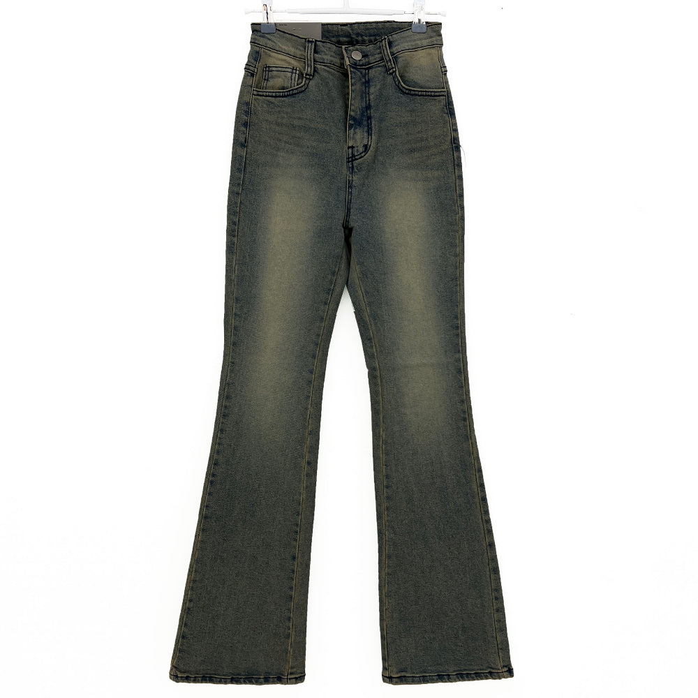 High waist light & deep blue washed bootcut long denim pants (2 colors)