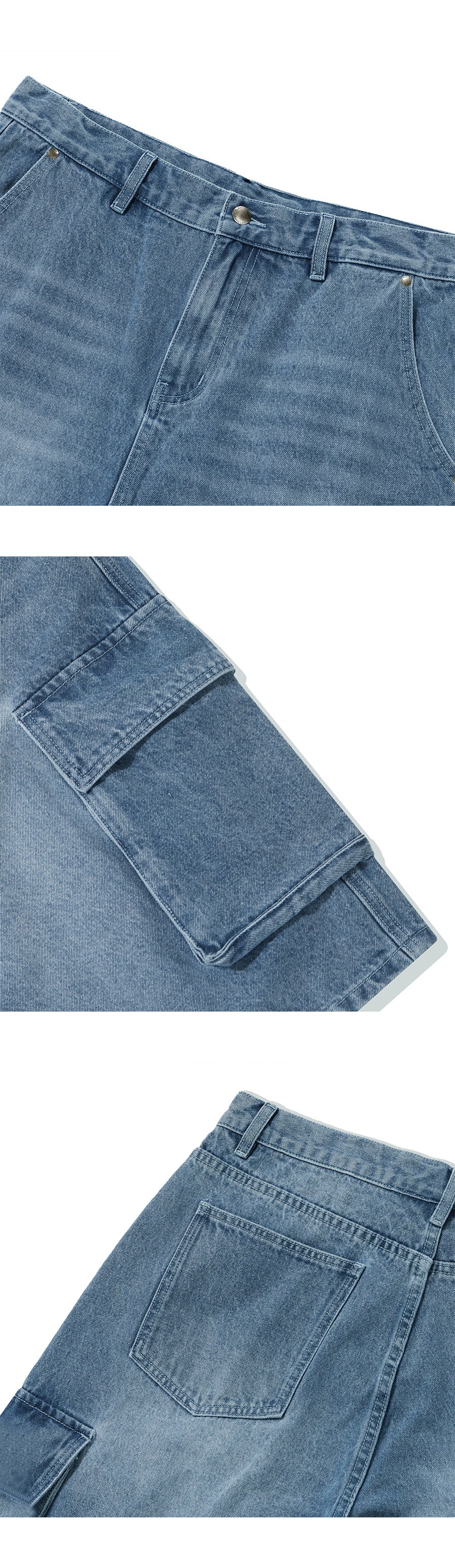 Washed Denim Cargo Shorts-Blue