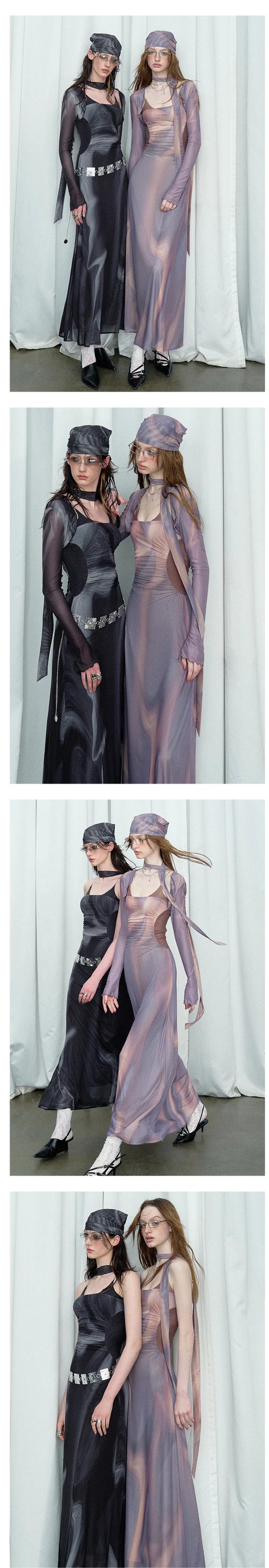 [Stock] OfAkiva シティアイランドダイアリーオイルペインティングドレス フィメールコントラストカラープリーツオフショルダーホルタードレス