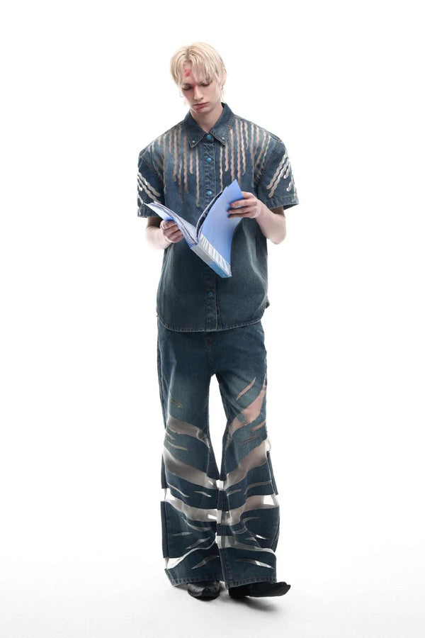 メッシュパネルデニムシャツ