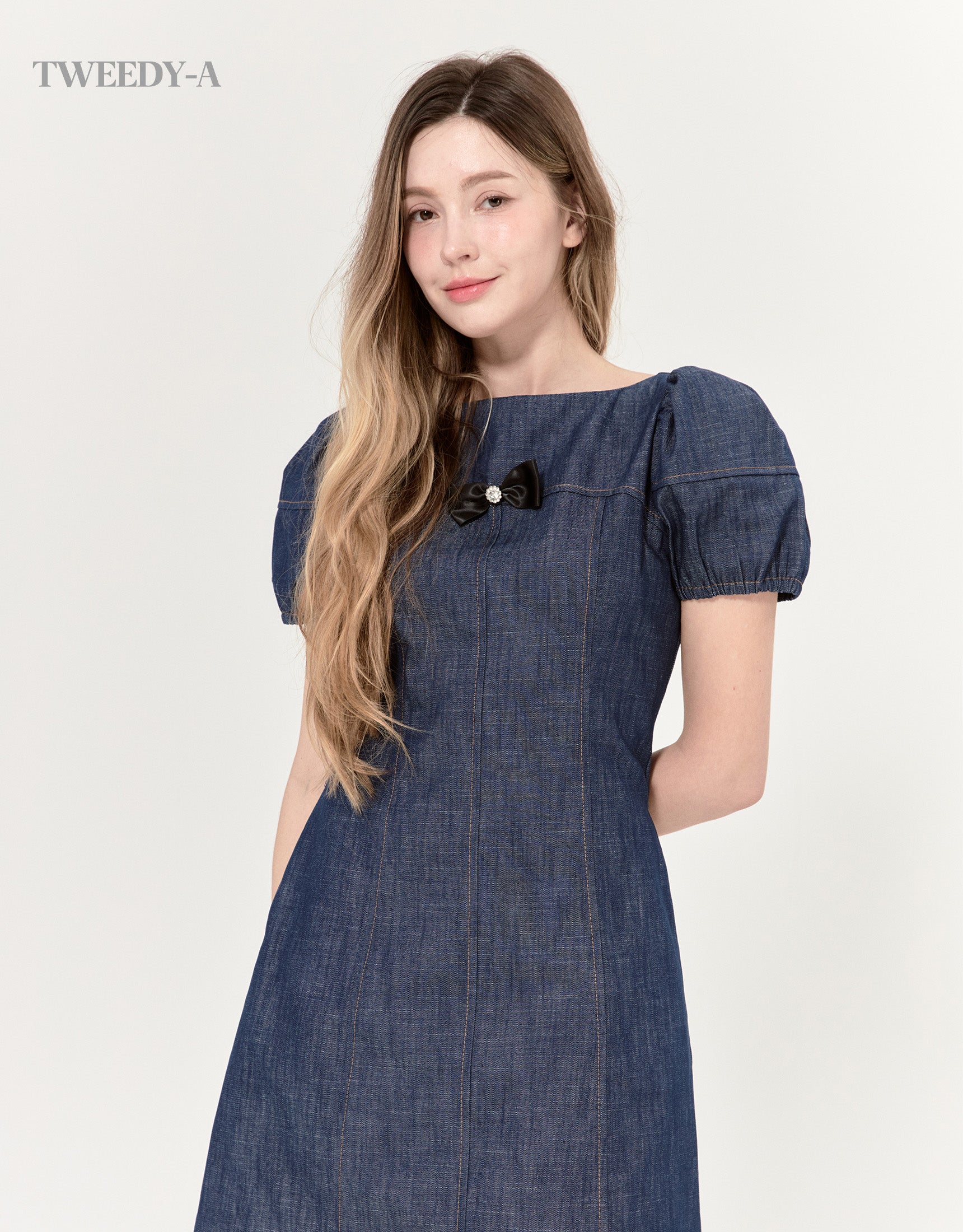 Bubbley Ribbon Point Denim Mini Dress Deep blue