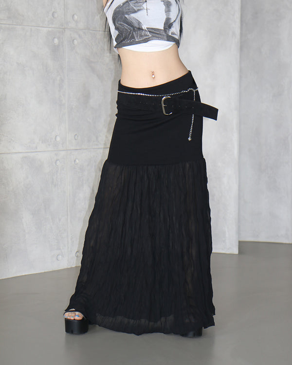 Pleated see-through maxi long skirt