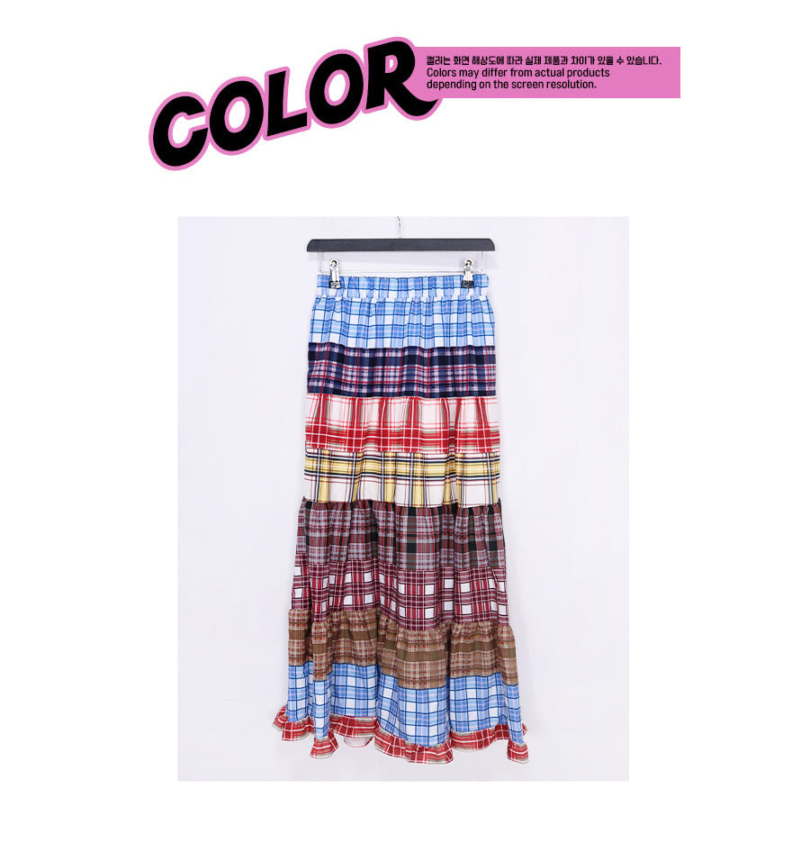 hippie check long skirt