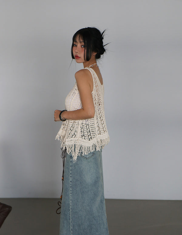 Crochet Fringed Knit Sleeveless