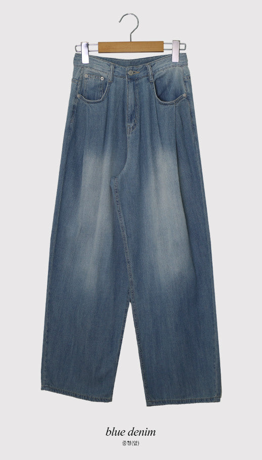 Summer Pintuck Washed Wide Denim Pants