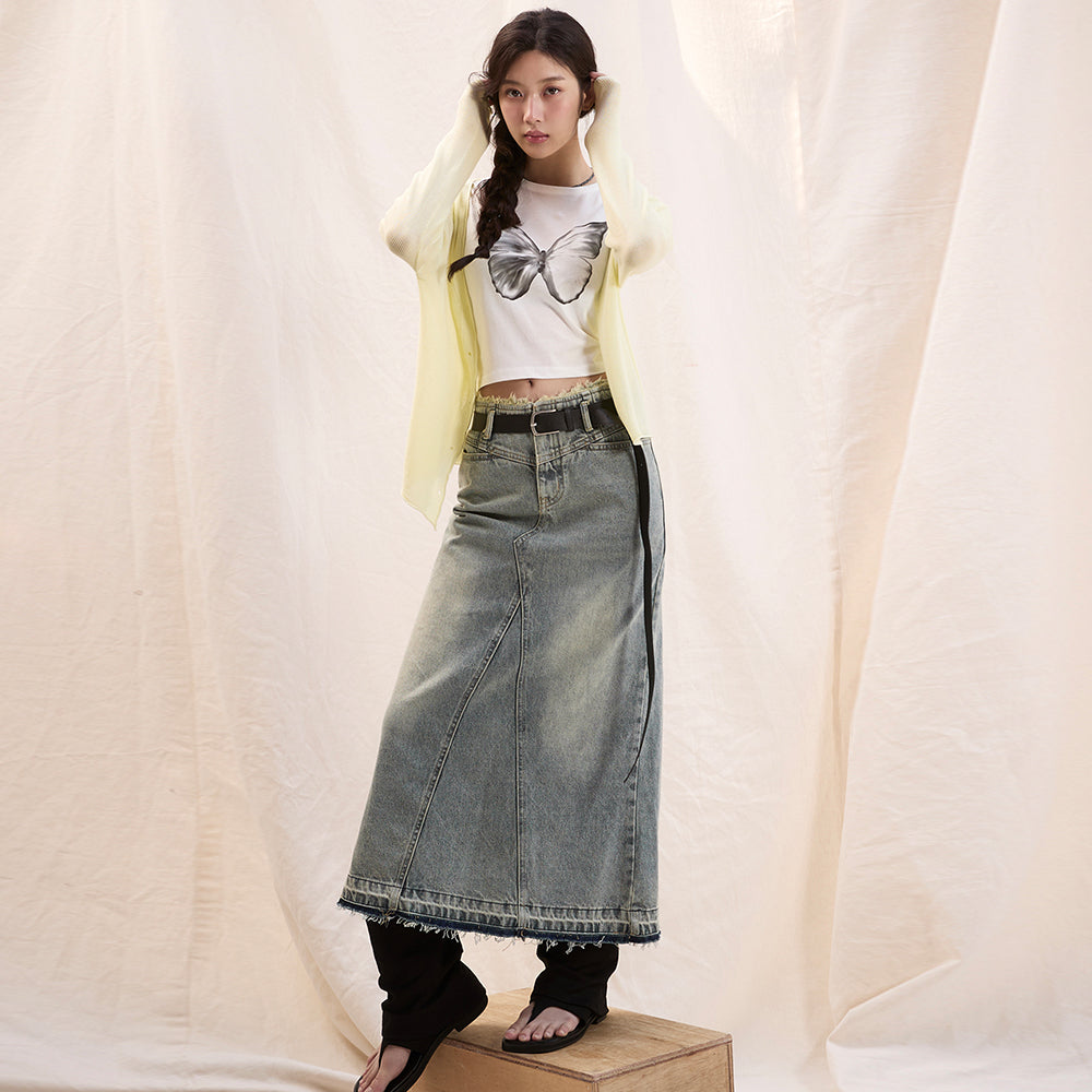 WASHED FRINGE LONG DENIM SKIRT_BLUE