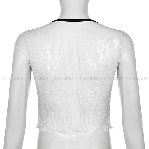 Ribbon lace v neck-T