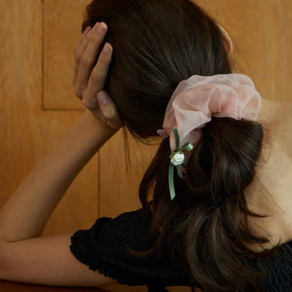 organza tiny rose scrunchie - pale rose