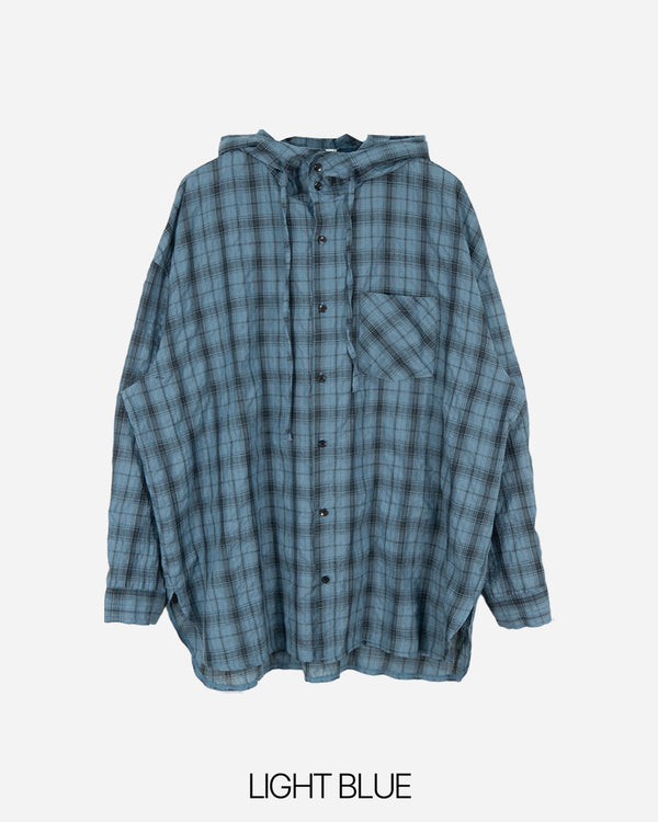 Linen checkered hooded shirt