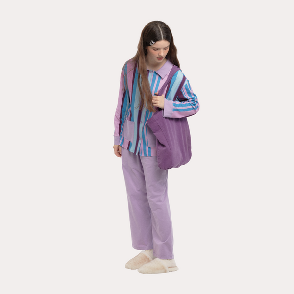 ロイヤル パープル アンド エメラルド グリーン コントラスト ストライプド スリープセット - 95% Cotton 5% Spandex Relaxed Pajamas