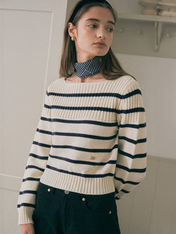 STRIPE BOAT NECK KNIT WH+NV