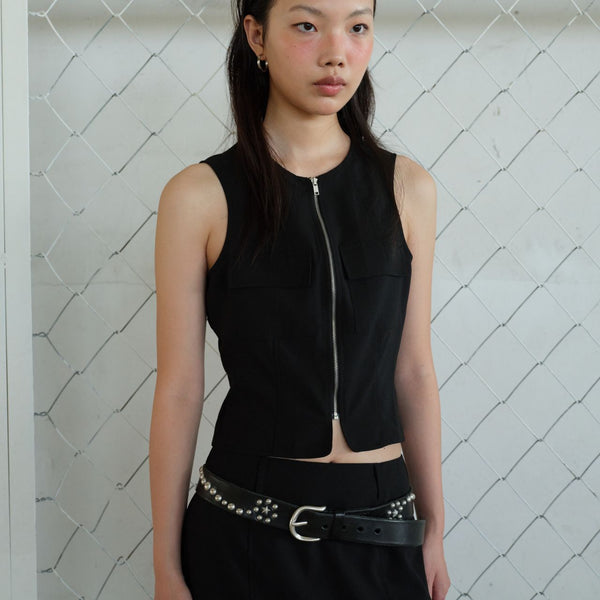 Pocket zipper Sleeveless Shirt Black