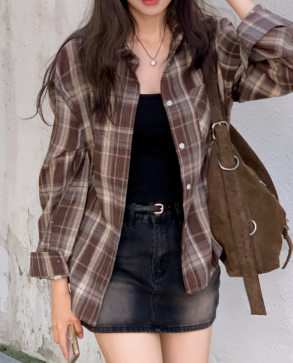 #Brown Sugar Fall Overfit Check Shirt