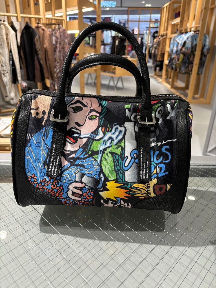 Comics Printed Fabric x Leather Bag (Black)