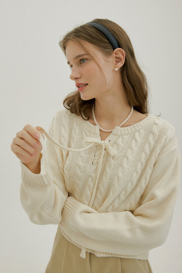 CASHMERE BLEND LACE UP KNIT - CREAM