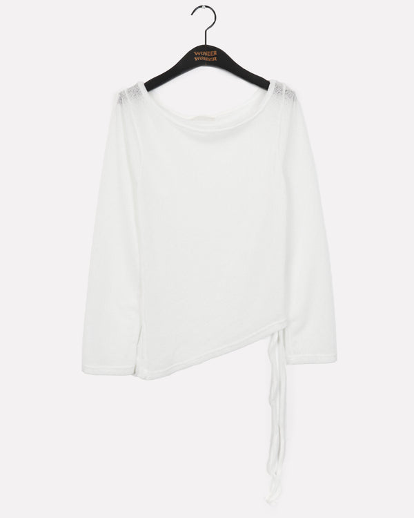 Legan off-shoulder see-through shirring long-sleeved knitwear