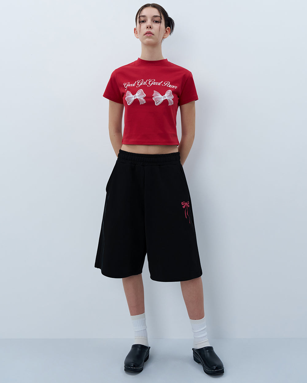 PINK RIBBON LOGO HALF PANTS-BLACK