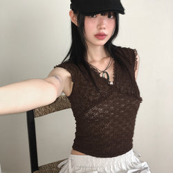 Foble Embossing Lace Cap Sleeve Short-Sleeved T-shirt