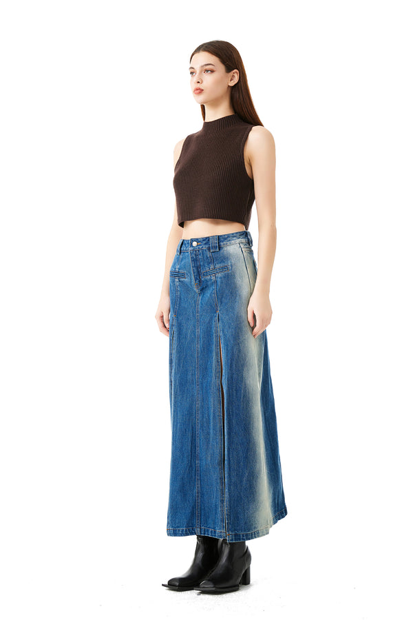 High-Slit Denim Skirt