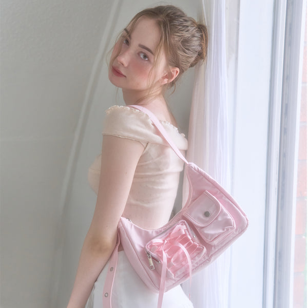 Nylon ribbon hobo bag_pink