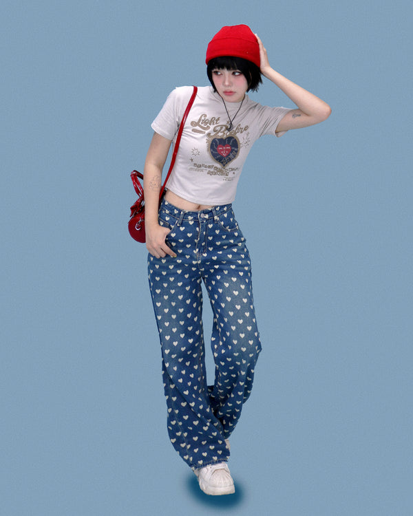 heart pattern denim pants