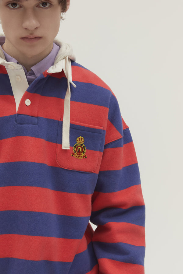 STRIPE HOODIE RUGBY SHIRT RED