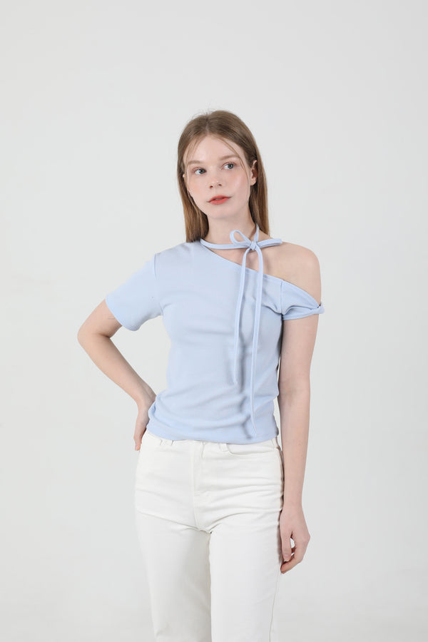 Off Shoulder Twist Half-Sleeve T-shirt Sky Blue