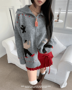 シュガーダンスルーズフィットニットジップアップハイネックカーディガン (2 Colors)