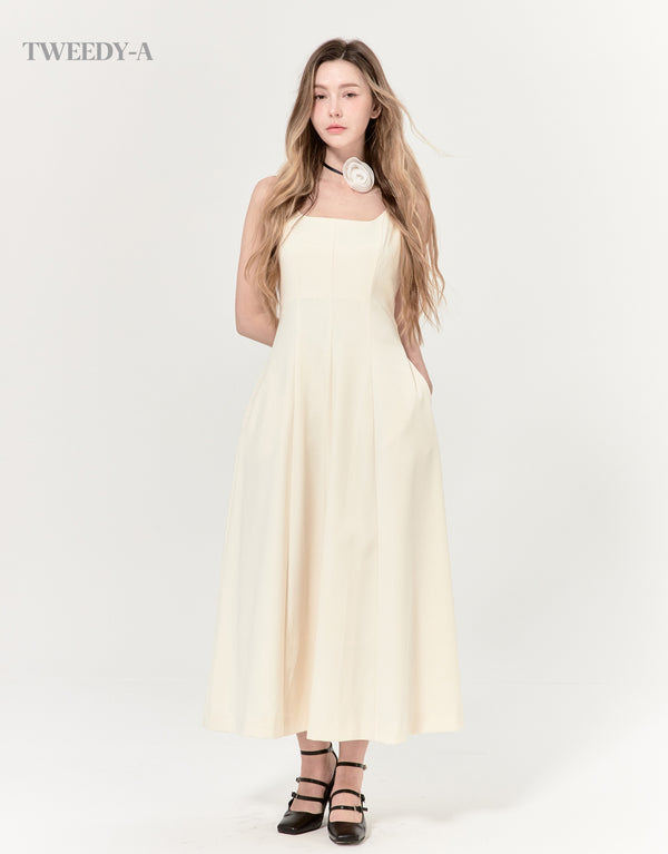 [LADY LINE] Graceful square-neck bustier long flared dress IVORY