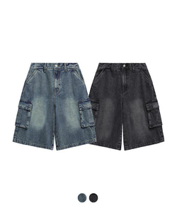 サンド ウォッシング カーゴ デニム ハーフパンツ / Sand Washing Cargo Denim Half Pants