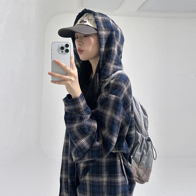 Retro flannel check hood shirt