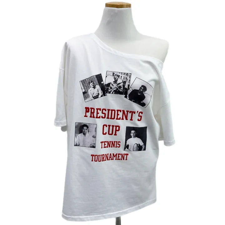  Tennis Color Block Training Unbalanced One オフショルダーボックス半袖Tシャツ (White)