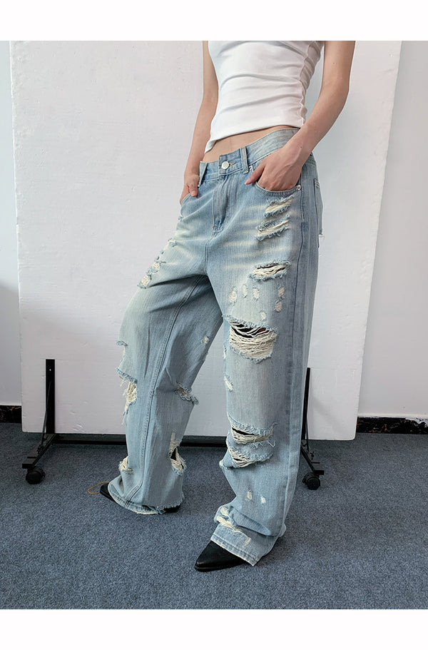 Vintage washed wide denim pants