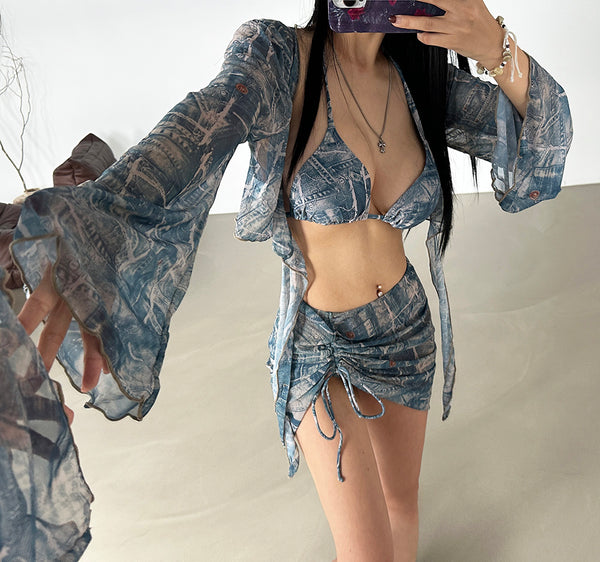 Denim 4PS Cover-Up Bikini Set