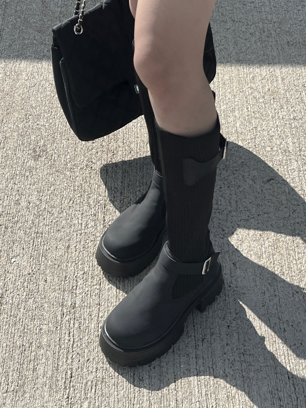 ウェッシュバックルハイヒールスパンニットロングブーツ (3 colors)