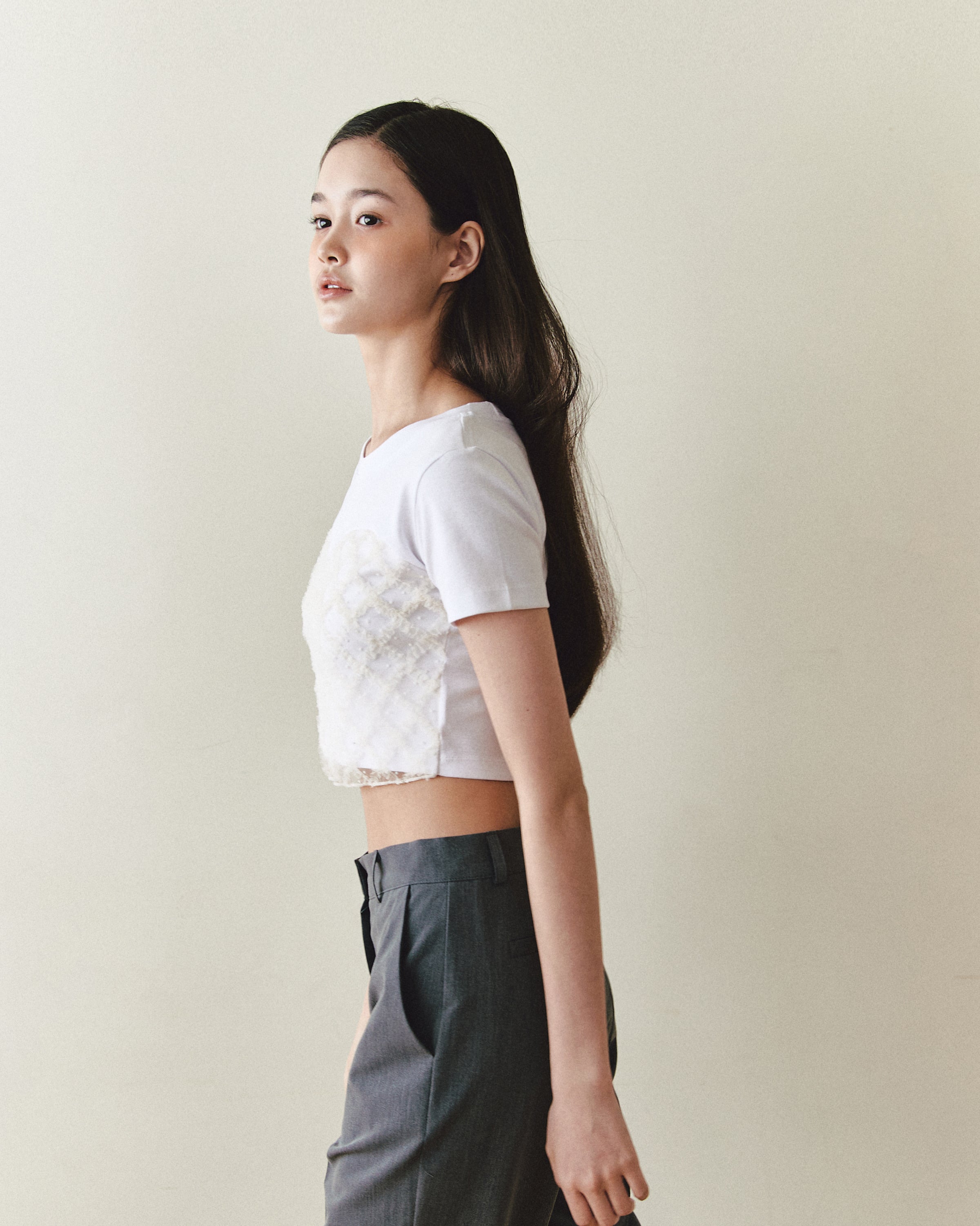 Lace Trimming Crop T-shirts [WHITE]