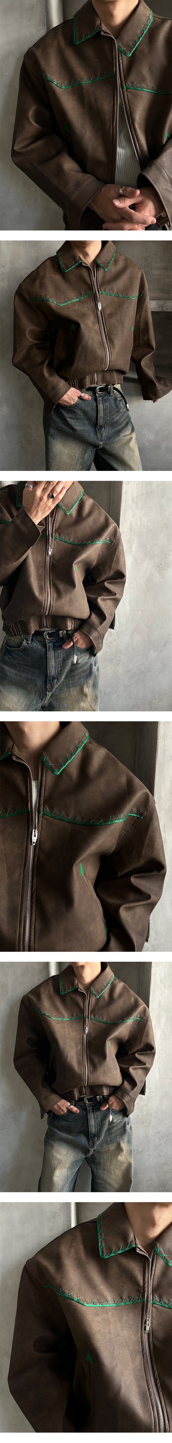  [PREMIUM][HANDMADE] Stitch western leather blouson(2color)