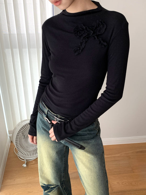 Frill Bow Half-Turtleneck Long Sleeve T-shirt