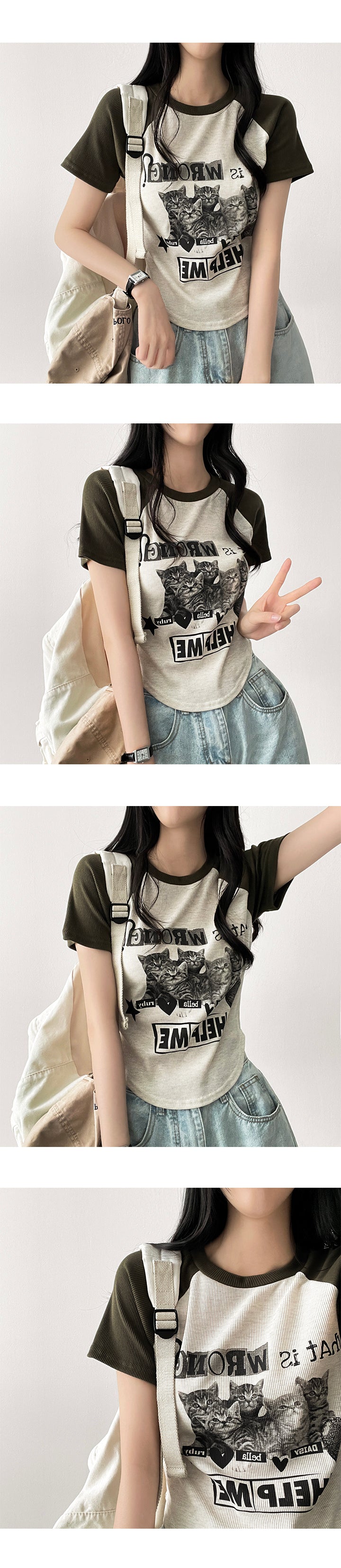 デューリーキャットラグランVネックニットクロップドTシャツ