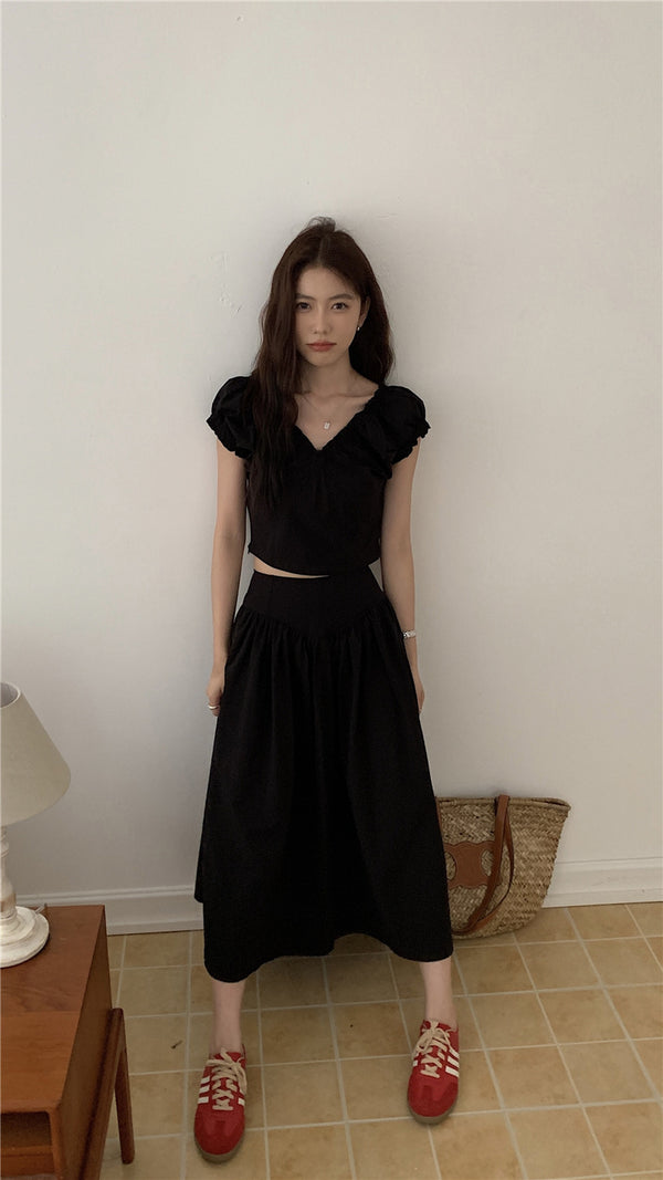 Black shirring crop skirt two-piece