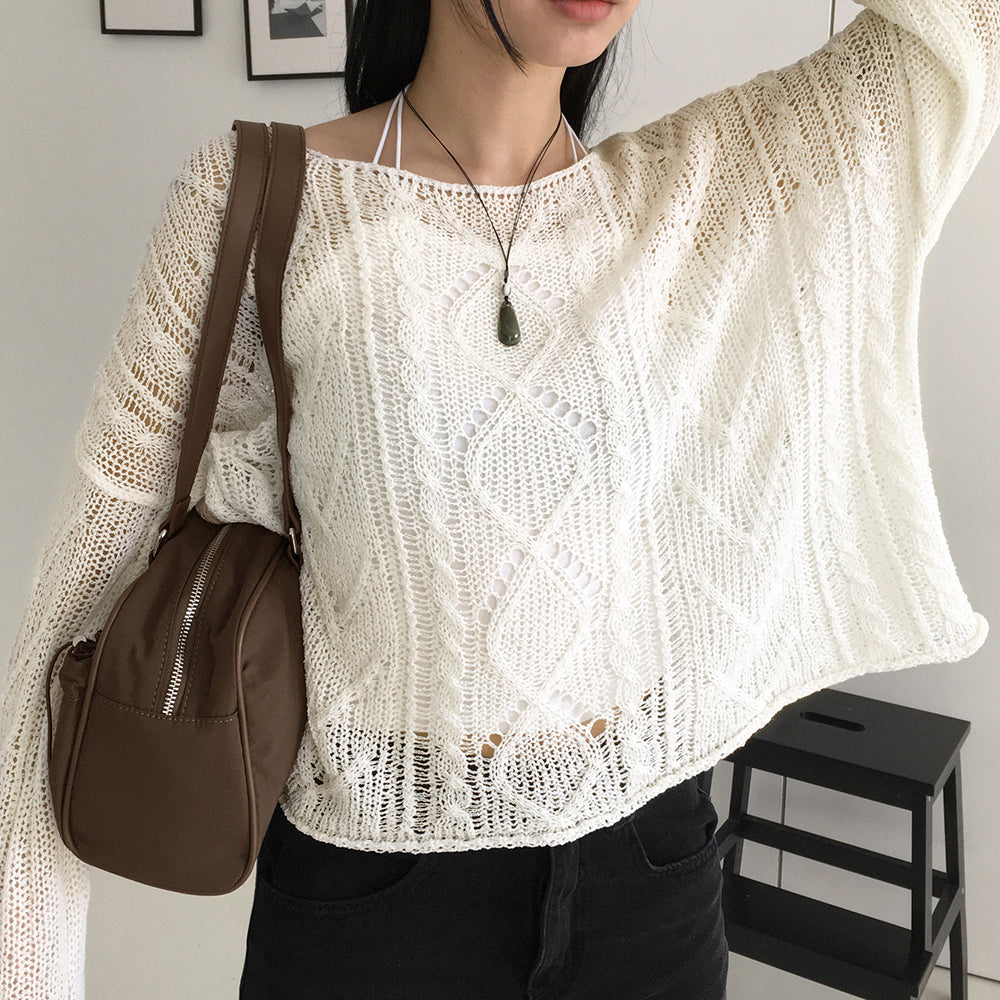 Erpi wave punching see-through lip neck long sleeve knit