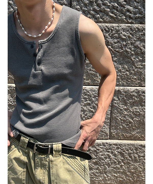 [S/S] ピグメントヘンリーネッククロップノースリーブ(3color)