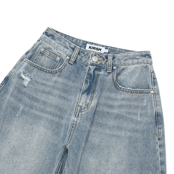 CHERRY GARMENT WASHING WIDE-FIT DENIM PANTS [LIGHT BLUE]