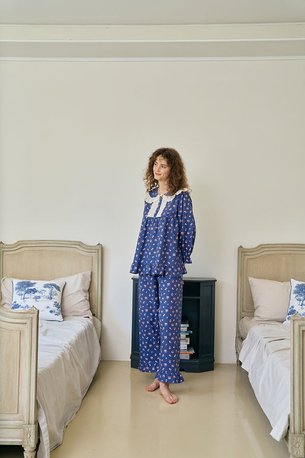 (24228WTLLN) ULLALA PAJAMAS Romari Long Sleeve Two-Piece Deep Blue (30'S) Free Size